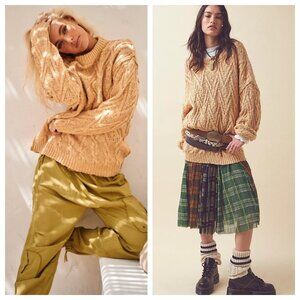 Free People Isla Cotton Cable Tunic Sweater Camel